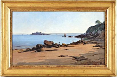 Emmanuel LANSYER (1835 - 1893) "Elégantes en bord de mer". Huile sur toile. Signée...