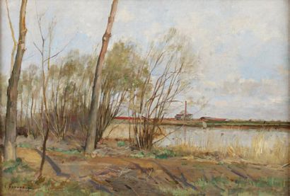 DAMOYE Pierre Emmanuel Eugène (1847-1916) "Bord de Seine, environs d'Aubervilliers",...