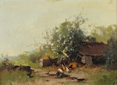 Eugène GALIEN-LALOUE (1854 - 1941) "Pommiers en fleurs et basse cour" Huile sur toile...