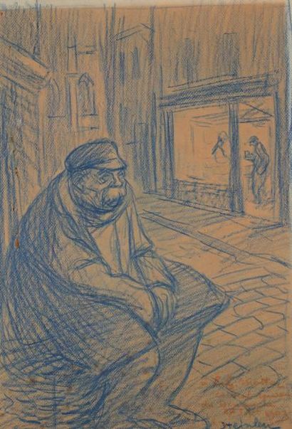 Théophile Alexandre STEINLEN (1859-1923) "Vieil homme assis au coin de la rue" Dessin...