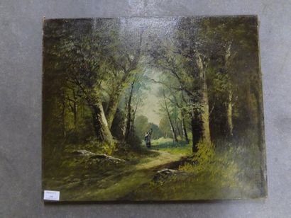 École Française du XIXe siècle "Boisière en forêt". Huile sur toile. Dim.: 46 x 55...