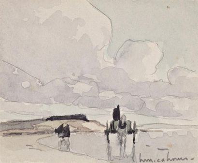 Henri-Maurice CAHOURS (1889-1974) Charette sur plage Bretonne. Aquarelle signée en...