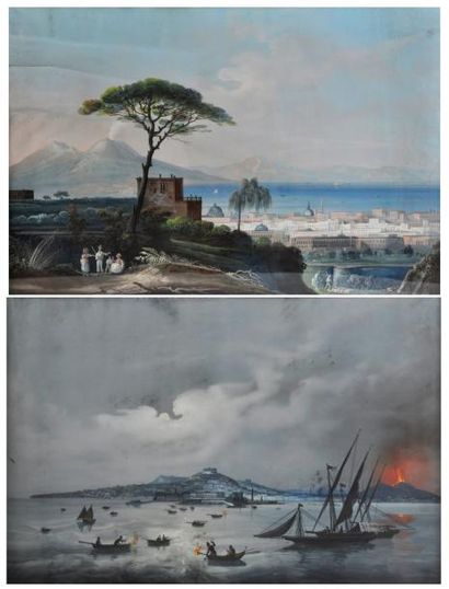 École Napolitaine du XIXe siècle «La Baie de Naples» et «le Vésuve en éruption de...