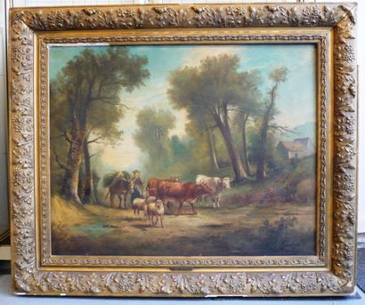 F. KOCH (XIX-XXe) «Fermière et son troupeau» Huile sur toile, signée en bas à gauche....