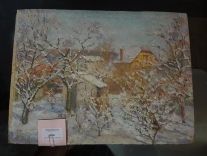 Ecole Moderne "Paysage de neige", Huile sur carton, 26,5 x 35,5 cm