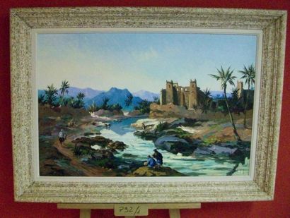 Max FLEGIER (XXe siècle) «Kasbbah au bord de l'Oued» Huile sur panneau signée en...