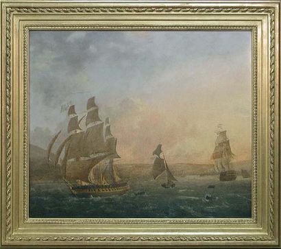 Louis Ambroise GARNERAY (1783-1857). Frégate et vaisseaux anglais en Manche. Huile...