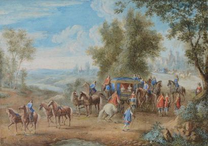 Ecole française Seconde Moitié du XVIIe siècle «Cavaliers accompagnant un carrosse»...