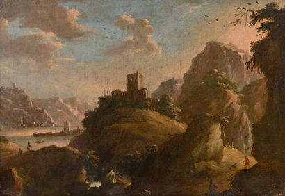PEDON Bartolomeo (Attribué à) (Venise 1665 – 1733) "Paysage montagneux traversé par...