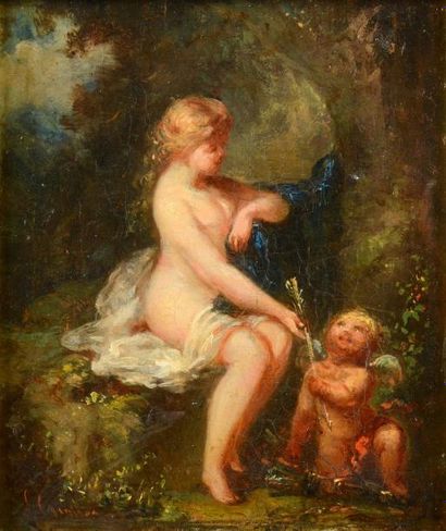 ECOLE FRANCAISE XIXe siècle «Vénus désarmé par l'Amour» Huile sur panneau. Signée...
