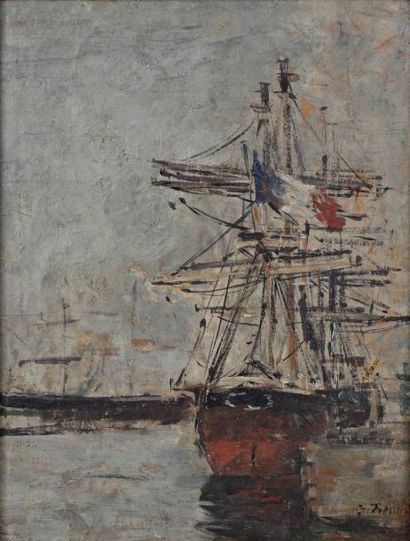 Eugène BOUDIN (1824-1898) «Voilier au port» Huile sur panneau parqueté, signée en...