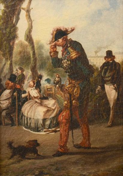 Paul GAVARNI (1804-1866) «Singerie dans un parc» Huile sur toile 35 x 24 cm. (Re...