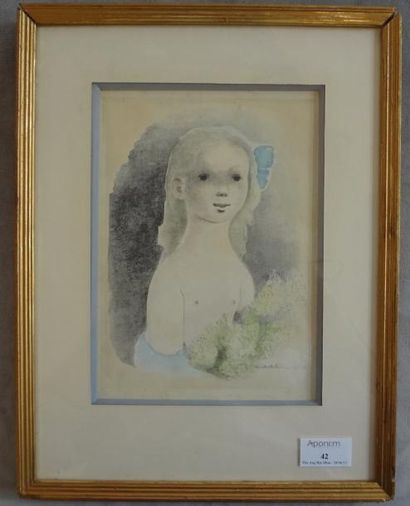 Madeleine LUKA (1894-1989) «Portrait de Jeune Fille au Ruban Bleu» Aquarelle signée...