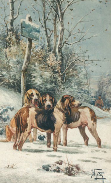 GIDE François Théophile (1822-1890) « Chiens de chasse dans la neige » Aquarelle...