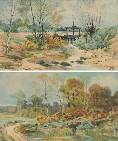 GIDE François Théophile (1822-1890) Deux « Paysages de Barbizon » Aquarelles Signées...