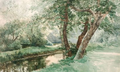 ALLONGE Auguste (1833-1898) « Arbres en bordure de rivière » Aquarelle Signée en...