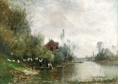 ROZIER Jules Charles ( 1821 - 1882 ) « Lavandières au bord de la rivière » Huile...