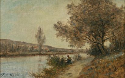 ROZIER Jules Charles (1821-1882) « Pêcheur en bordure de rivière » Huile sur toile....