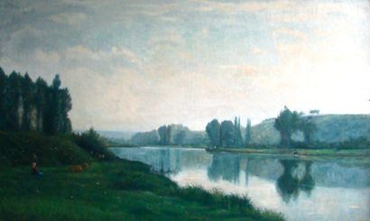 LAMBERT Alphonse ou LAMBERTI (1823-1880) « Paysage animé des bords de la Seine »...