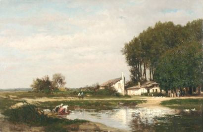 LAMBINET Emile Charles (1815-1877) « Lavandières près de la ferme » Huile sur toile...