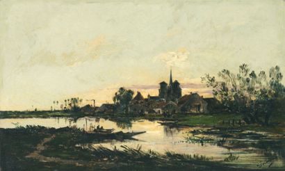 GALIEN-LALOUE Eugène (1854-1941) « Barques au bord de la rivière » Huile sur panneau...