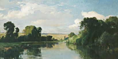 LAVIEILLE Eugène (1820-1889) « Elégante et pêcheur sur la rivière » Huile sur toile....