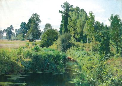 TANZI Léon (1846-1913) « Le printemps, bord de rivière à Villeneuve l'Etang » Huile...