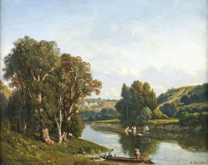 BRISSOT de WARVILLE Félix Saturnin (1818-1892) « Bord de rivière » Huile sur toile...