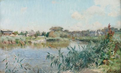 NOZAL Alexandre (1852-1929) « Roseaux et barque plate de pêcheur » Huile sur toile....