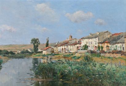 PETITJEAN Edmond (1844-1925) « Village et lavandières au bord de la rivière en Saintonge...
