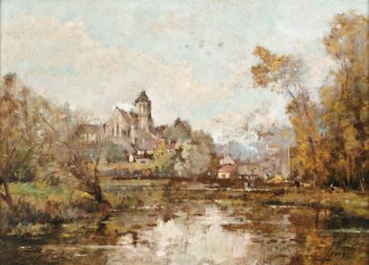 LEVIS Maurice (1860-1940) « Village de campagne au bord d'une rivière » Huile sur...