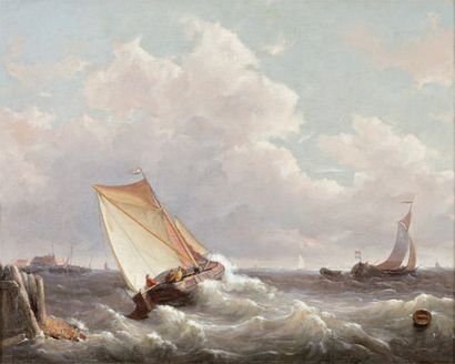 Anthonie WALDORP (1803 - 1866). "Voiliers sur une mer agitée". Huile sur toile signée...