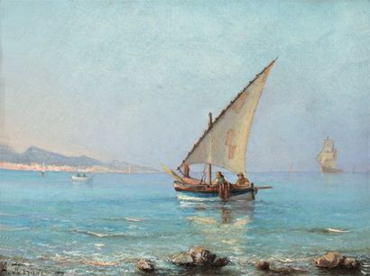 ROSIER Amédée (1831 - 1898). Barquette méditerranéenne en pêche. Huile sur toile,...