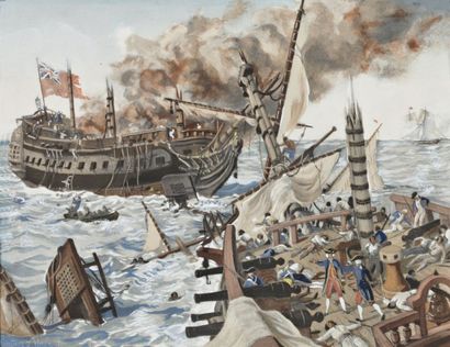 Gustave ALAUX. Combat naval. Gouache signée en bas à gauche. 28,5 x 22 cm.