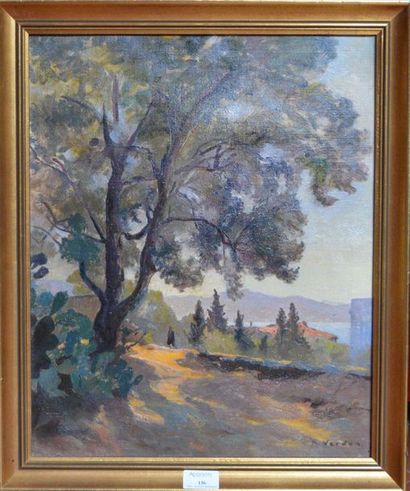 Raymond Jean VERDUN (1873-1954) "Le grand arbre". Huile sur toile. Signée en bas...