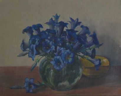 Hippolyte MOUTHIER (1880-1975) "Bouquet de fleurs bleues". Huile sur panneau. Signée...