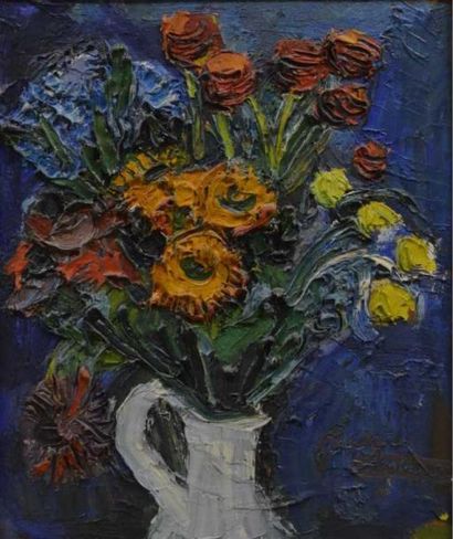 Pierre AMBROGIANI (1907-1985) "Bouquet de fleur". Huile sur toile. Signée en bas...