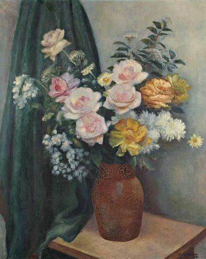 Abraham WEINBAUM dit Albert WENBAUM (1880-1943) "Bouquet de roses". Huile sur toile....