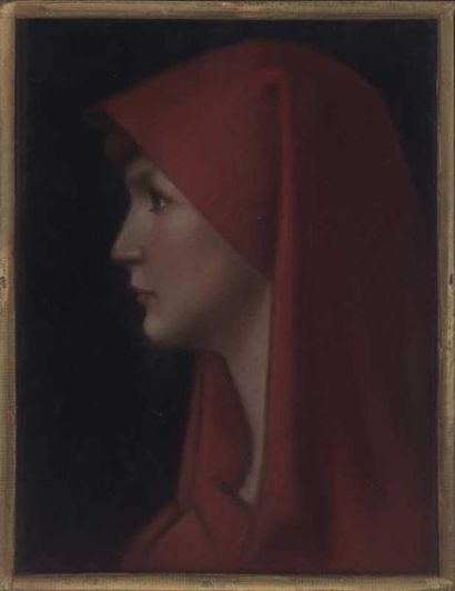 HENNER suiveur de "Femme à la capuche rouge". Pastel. 33x25 cm