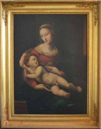 Ecole du XIXe "Vierge à l'enfant" Huile sur toile. 86 x 63 cm