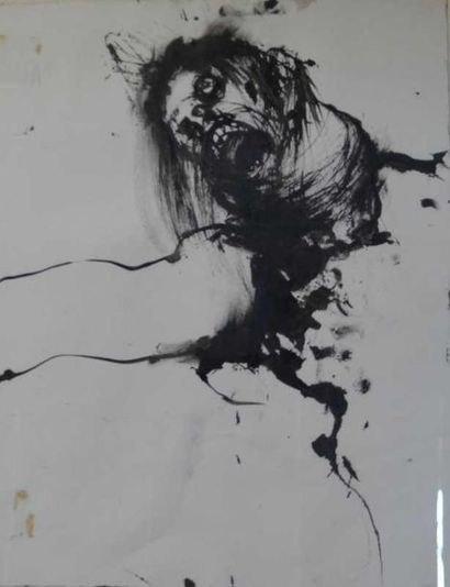 Stéphane GUENIER (1970) "La folie". Encre sur papier. Trace de ruban adhésif. 42,5x33,5...
