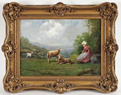 LEVIGNE Théodore (1848-1912) "Bergère et son troupeau", Huile sur toile, signée en...
