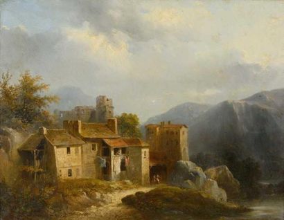 Christian BRUNE (1793-1849), Ecole romantique "Paysage des Alpes". Huile sur toile,...