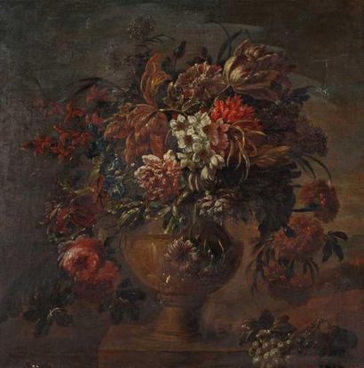 École FRANÇAISE du XVIIIe siècle "Vase de fleurs et de raisins sur un entablement"....