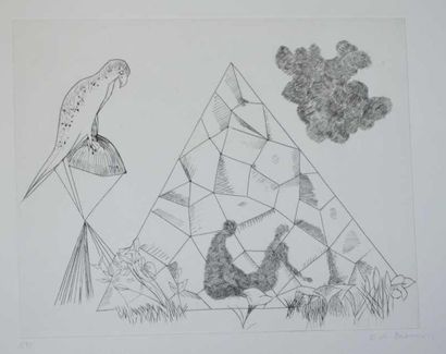 Helene DE BEAUVOIR (1910-2001) "Pyramide et perruche". Gravure au burin. Signé en...