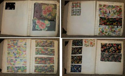 null Album d'échantillons, circa 1950, imprimé soie, tramé métal, fleurs, géométrique,...