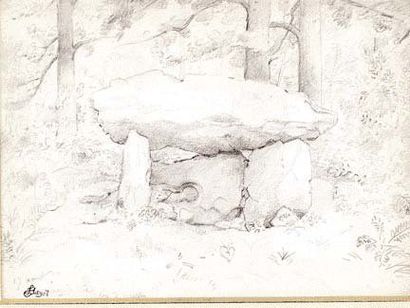 Louis HAYET (1864-1940) "Les trois pierres". Fusain sur papier, signé en bas à gauche...