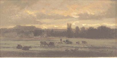 Charles-François DAUBIGNY (1817-1878) "Coucher de soleil sur la campagne". Huile...