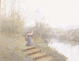 Eugène GALIEN-LALOUE (1854-1941) "Paysanne en bord de rivière". Huile sur toile signée...