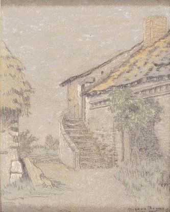 Pierre PRINS (1838-1913) "L'escalier en pierres". Fusain et pastel, signé en bas...